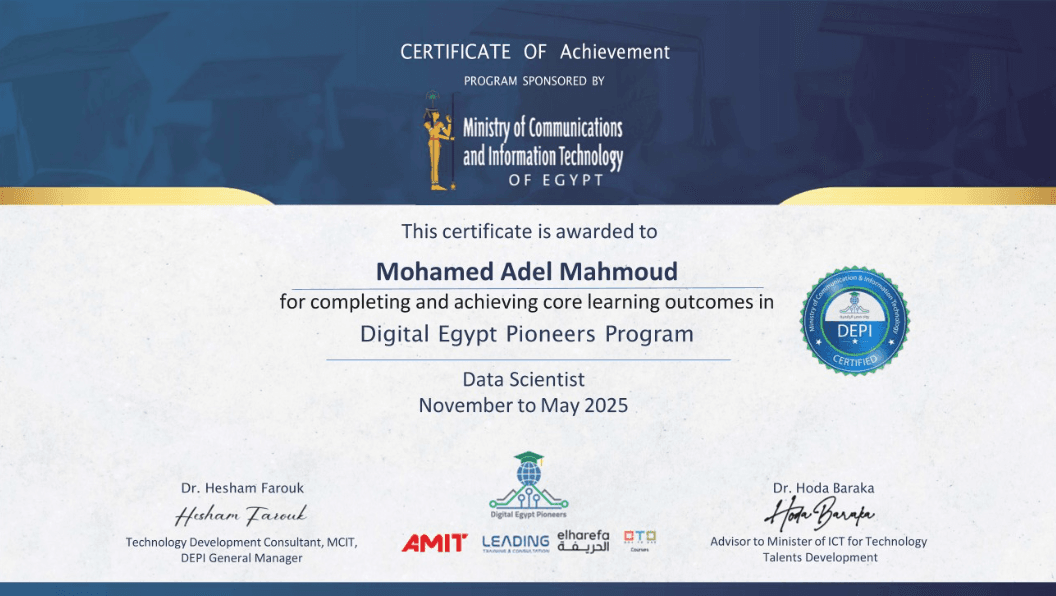 Digital Egypt Pioneers Program Data Scientist certificate awarded to Mohamed Adel Mahmoud.