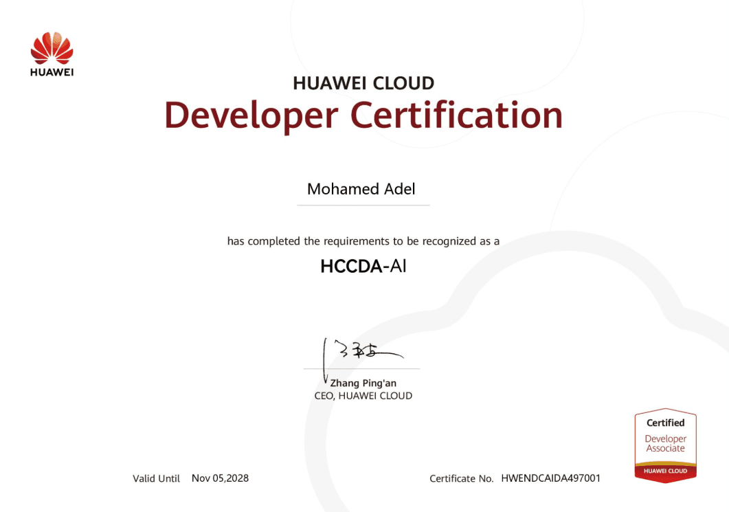 Huawei Cloud HCCDA-AI developer certification awarded to Mohamed Adel.