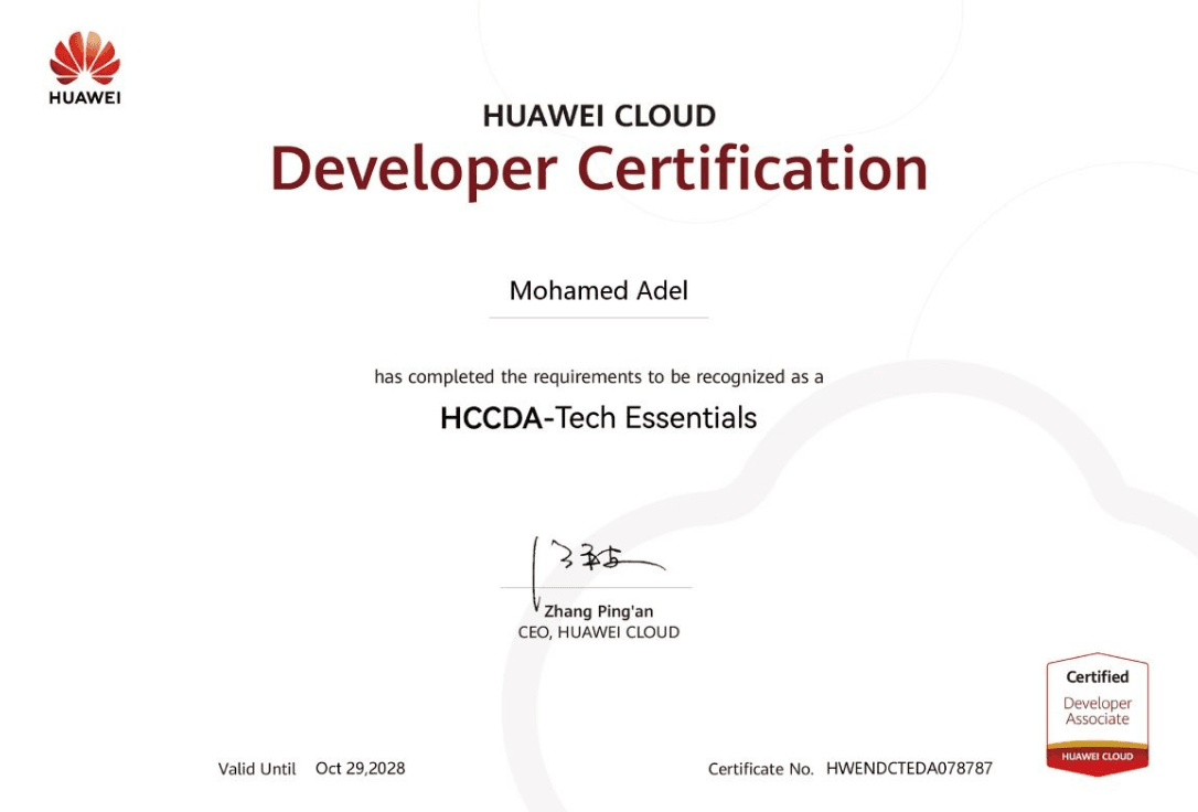 Huawei Cloud HCCDA-Tech Essentials developer certification awarded to Mohamed Adel.
