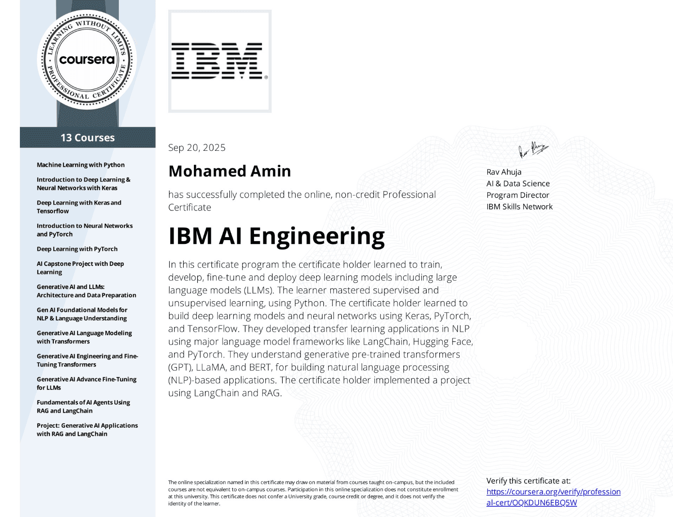 IBM AI Engineering Professional Certificate awarded to Mohamed Amin.