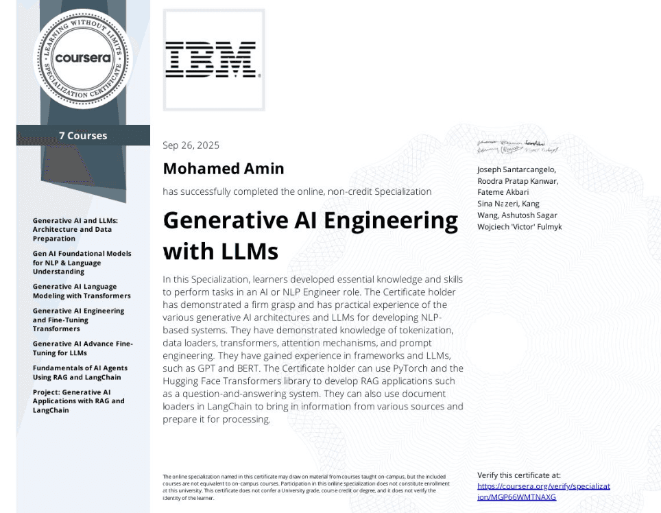 IBM Generative AI Engineering with LLMs Specialization certificate awarded to Mohamed Amin.