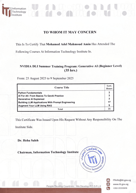 ITI NVIDIA DLI Summer Training Program Generative AI Beginner Level certificate awarded to Mohamed Adel.