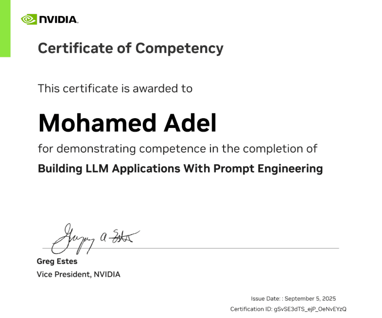 NVIDIA Building LLM Applications with Prompt Engineering certificate awarded to Mohamed Adel.