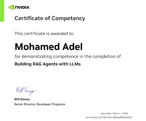 NVIDIA Building RAG Agents with LLMs certificate of competency awarded to Mohamed Adel.