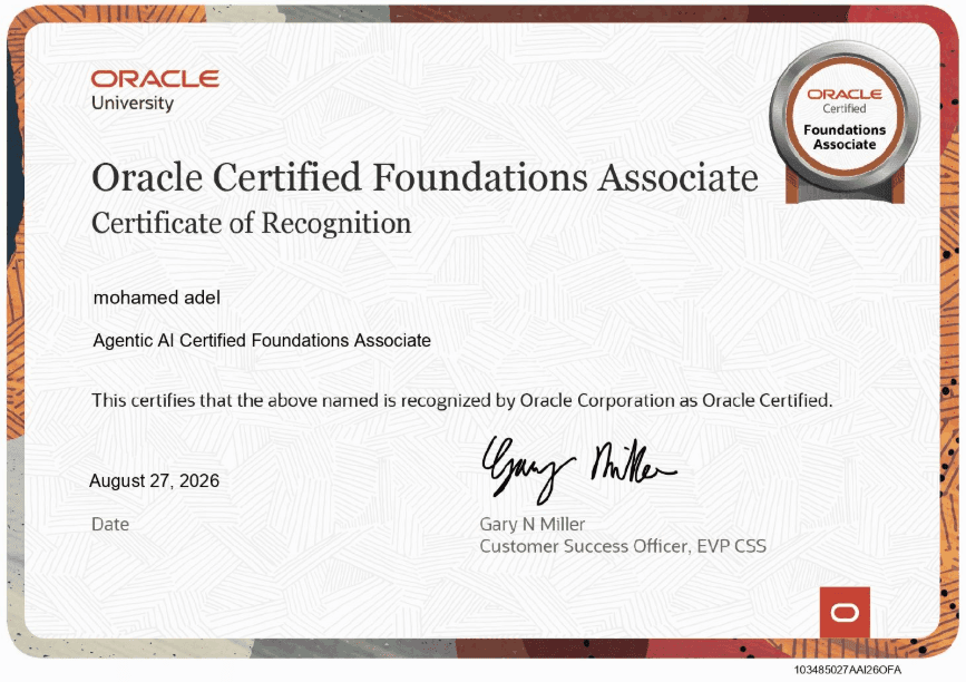 Oracle Agentic AI Certified Foundations Associate certificate of recognition.