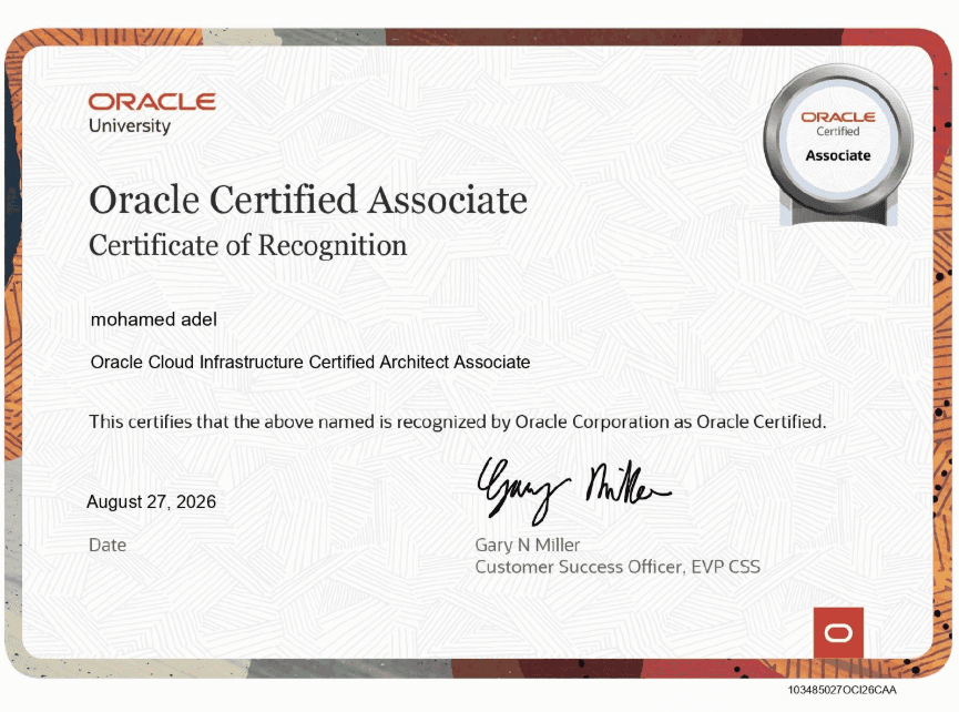 Oracle Cloud Infrastructure Certified Architect Associate certificate of recognition.