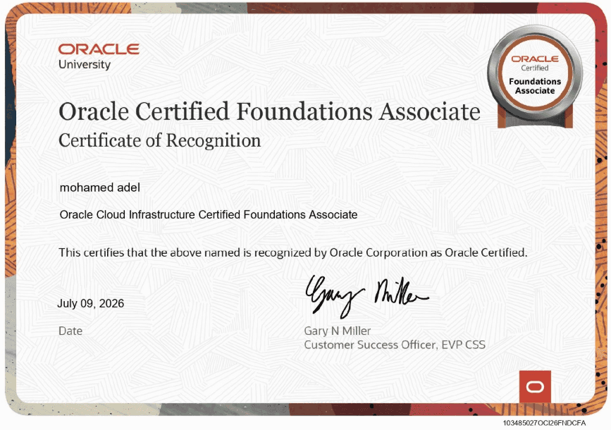 Oracle Cloud Infrastructure Certified Foundations Associate certificate of recognition.