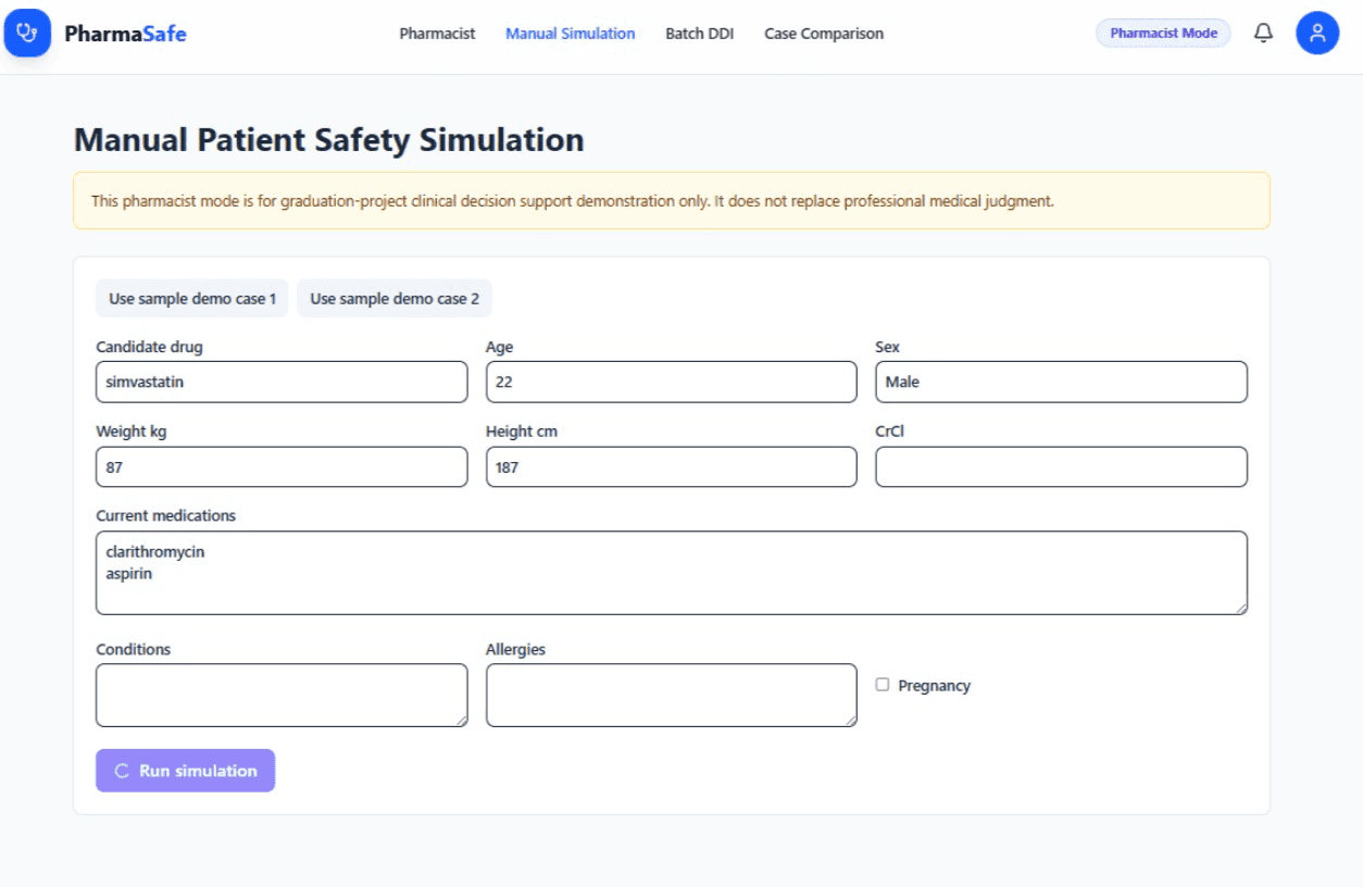 PharmaSafe manual patient safety simulation form in pharmacist mode.