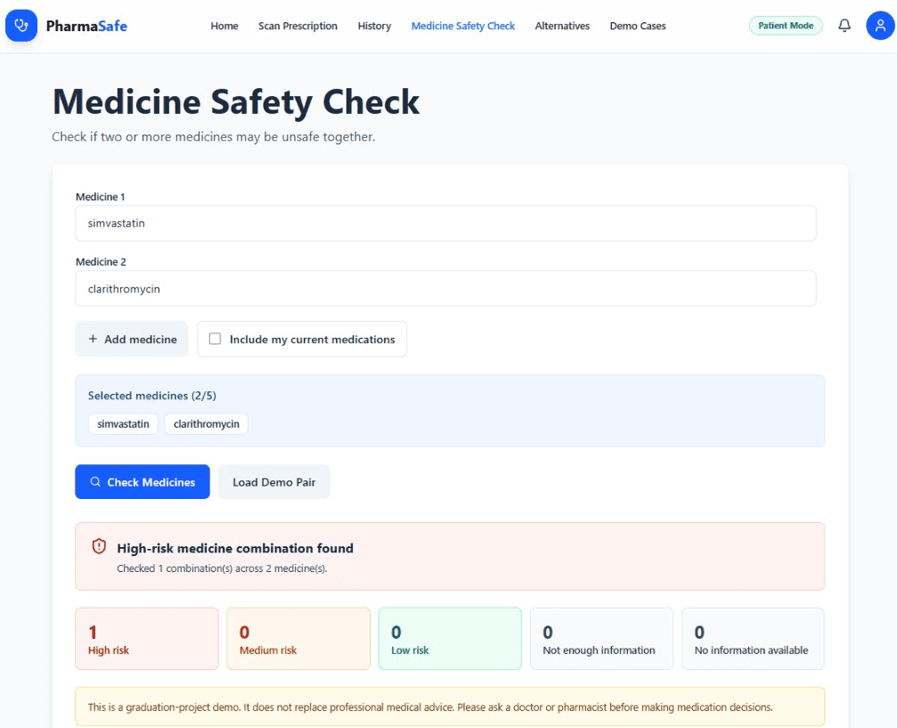 Genuine PharmaSafe Medicine Safety Check application screen.