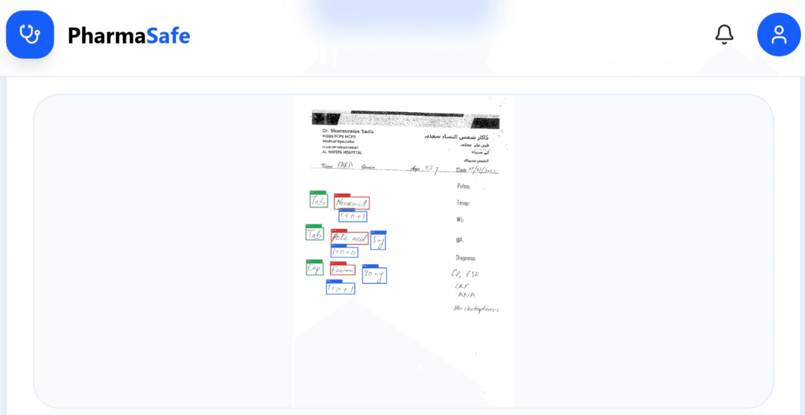 PharmaSafe prescription OCR detection preview with bounding boxes over a prescription image.