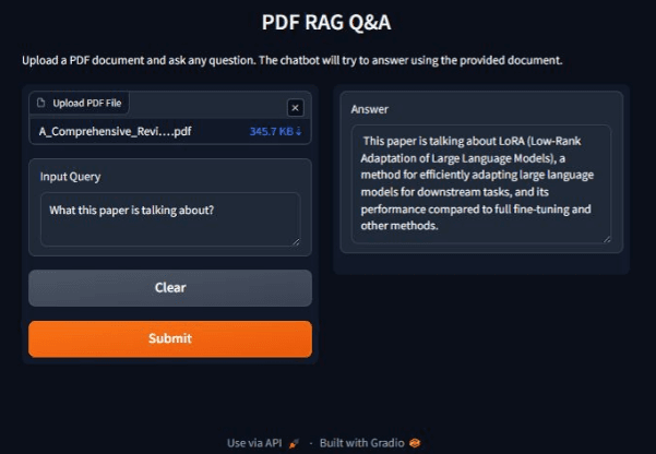 Real PDF RAG Q&A application screenshot showing PDF upload, an input query, and a grounded answer about LoRA.